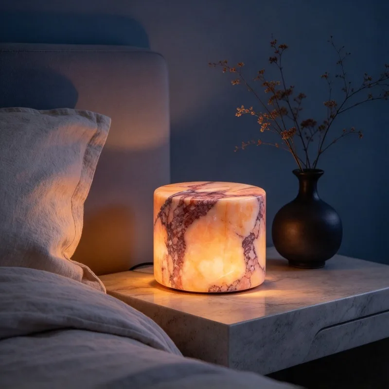 Luxury Stone Touch Lamp, Pink Marble Bedside Table Lamp, Touch Control Night Light for Bedroom Decoration