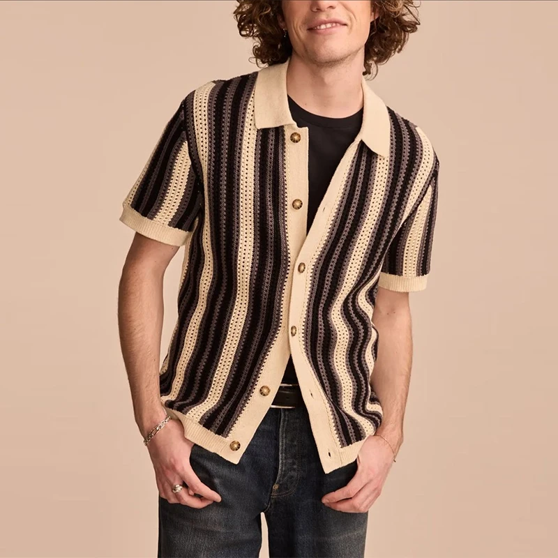Summer Men Hollow Out Knitted Polo Shirts Short Sleeve Striped Fashion Cardigan Tops Premium Retro American High Street Knitwear