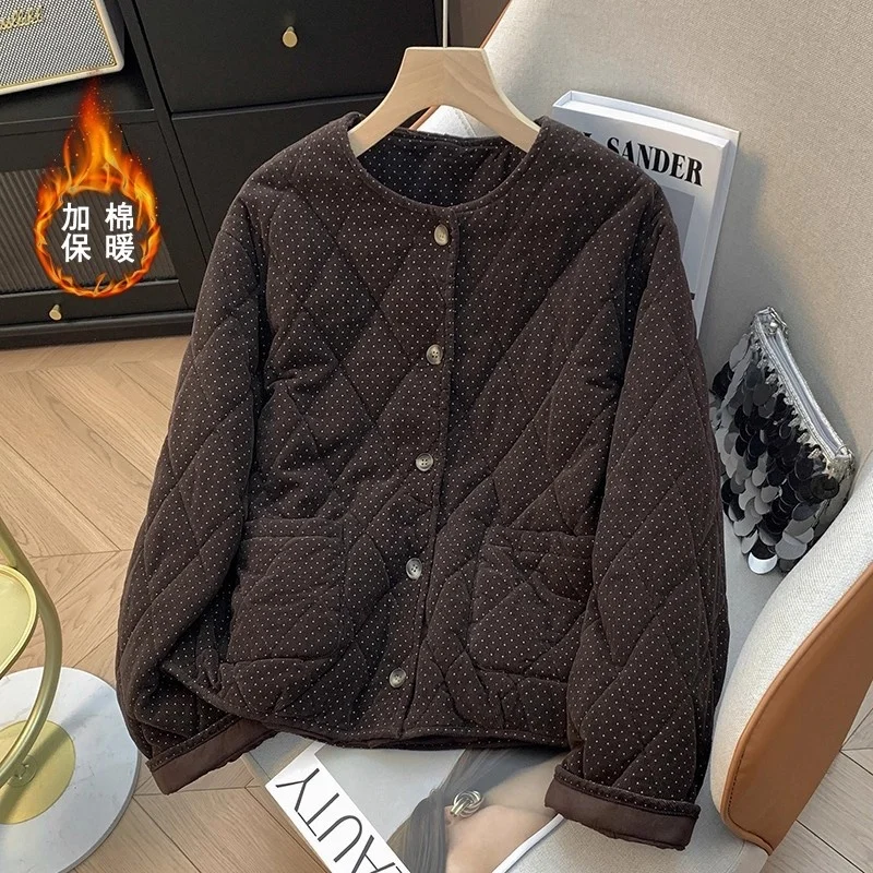 Spring Winter Quilted Corduroy Jacket Polka Dot Cotton Coat, Loose Round Neck Versatile Warm Single Breasted Retro Top W1506