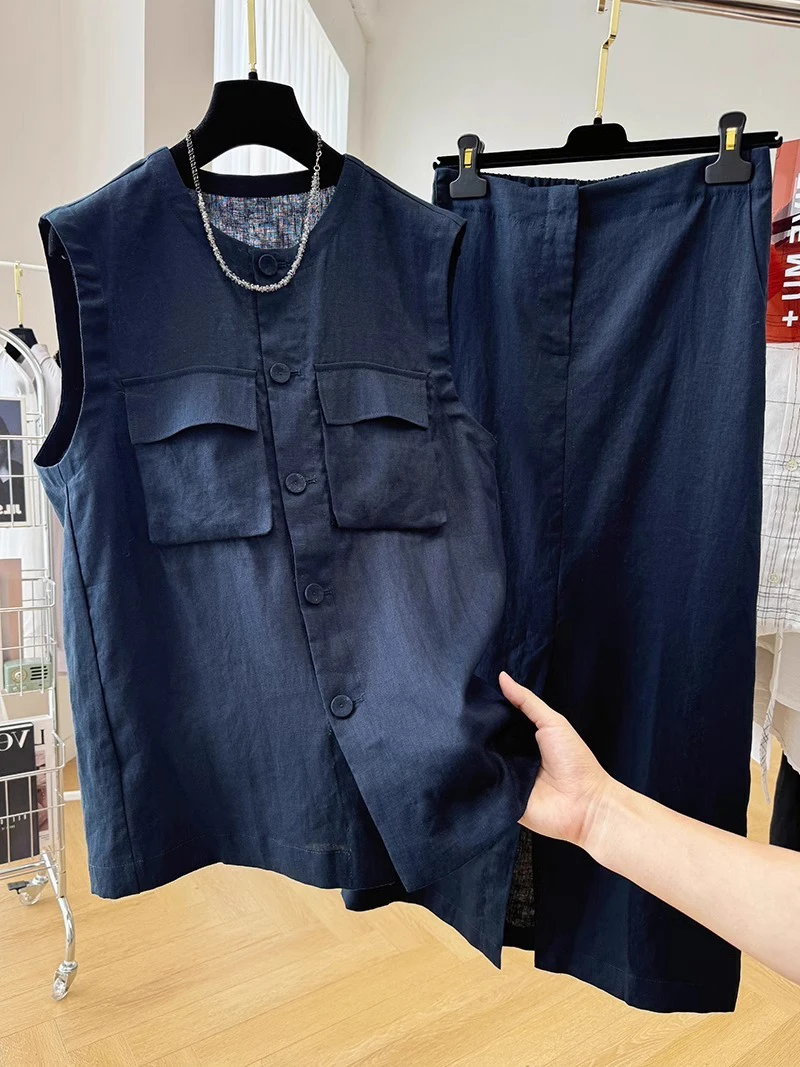 

Корейский льняной комплект, женский летний тонкий свободный круглый жилет, юбка, комплект из двух предметов, удобный повседневный комплект больших размеров
