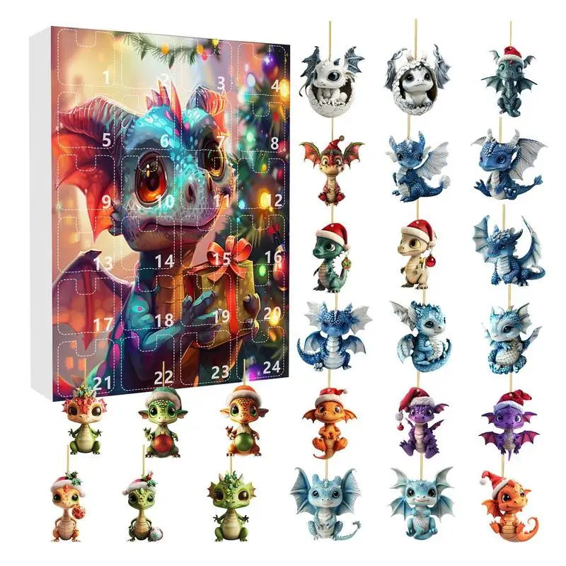 Christmas Pendant Advent Calendar 24 Unique 2D Cartoon Expressions Dragon Christmas Tree 2D Dinosaur Pendant Christmas Gift