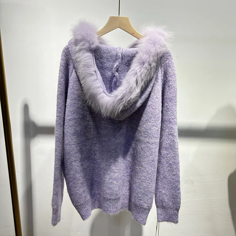 وصل حديثًا لعام 2025 سترة نسائية شتوية خضراء من فرو الثعلب الحقيقي سميكة محبوكة كبيرة الحجم سترة فضفاضة للفتيات باللون الرمادي معطف بقلنسوة