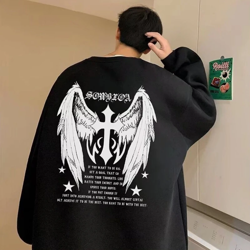 【M-8XL Sweatshirts】Men Oversized Sweatshirt Fashion Loose American Style Gothic Angel Wings Print Long Sleeve Couple Clothes