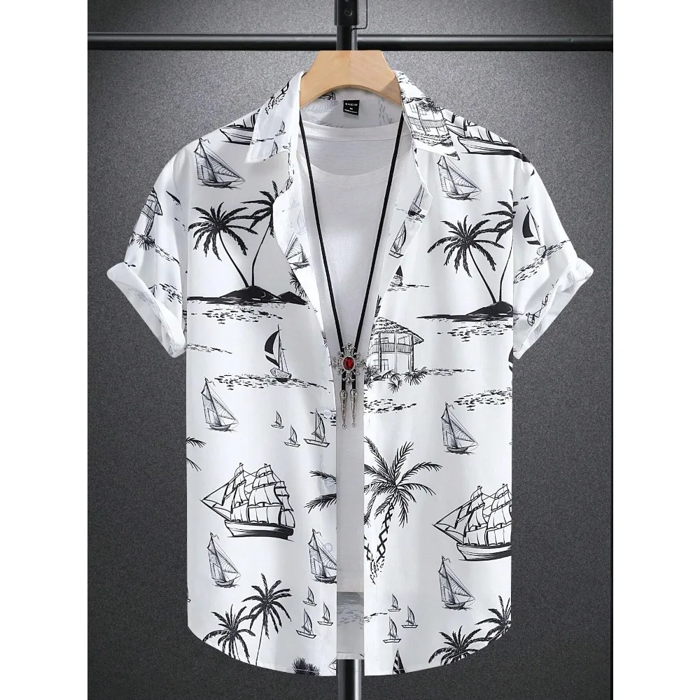 Loose Lightweight Button Up Aloha Shirt Men Daily Vacation Blouse, Minimal Line Drawing Seaside Coconut Tree Yacht Pattern