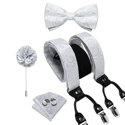 Luxury White Men's Suspenders Adjustable 6 Clips Braces DiBanGu Leather Metal Pre-Tied Bow Tie Brooch Pocket Square Set