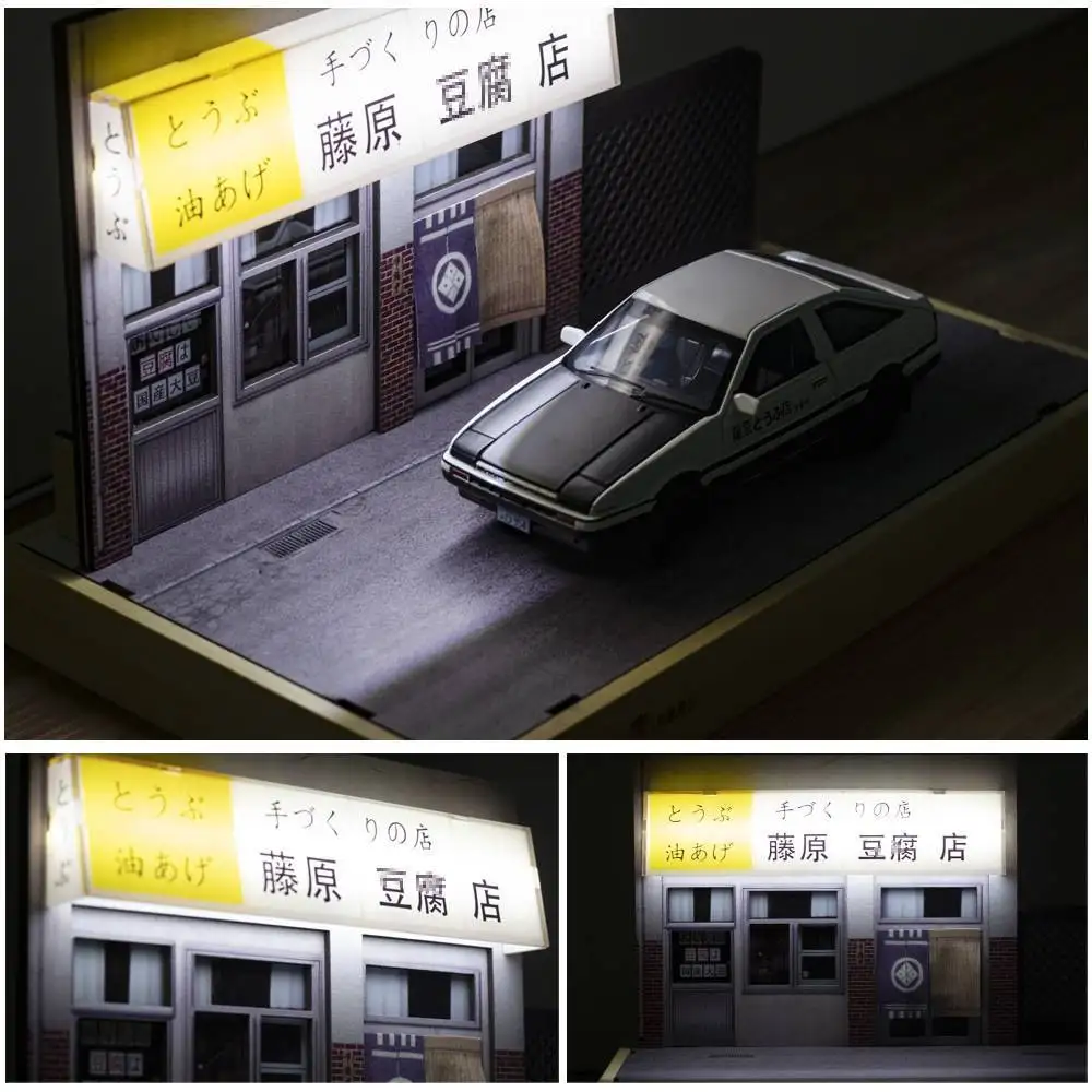 1:32 Initial D AE86 Fujiwara Tofu Shop Garage Display Case PVC Parking Lot Model Simulation Miniature Parking Space Scene