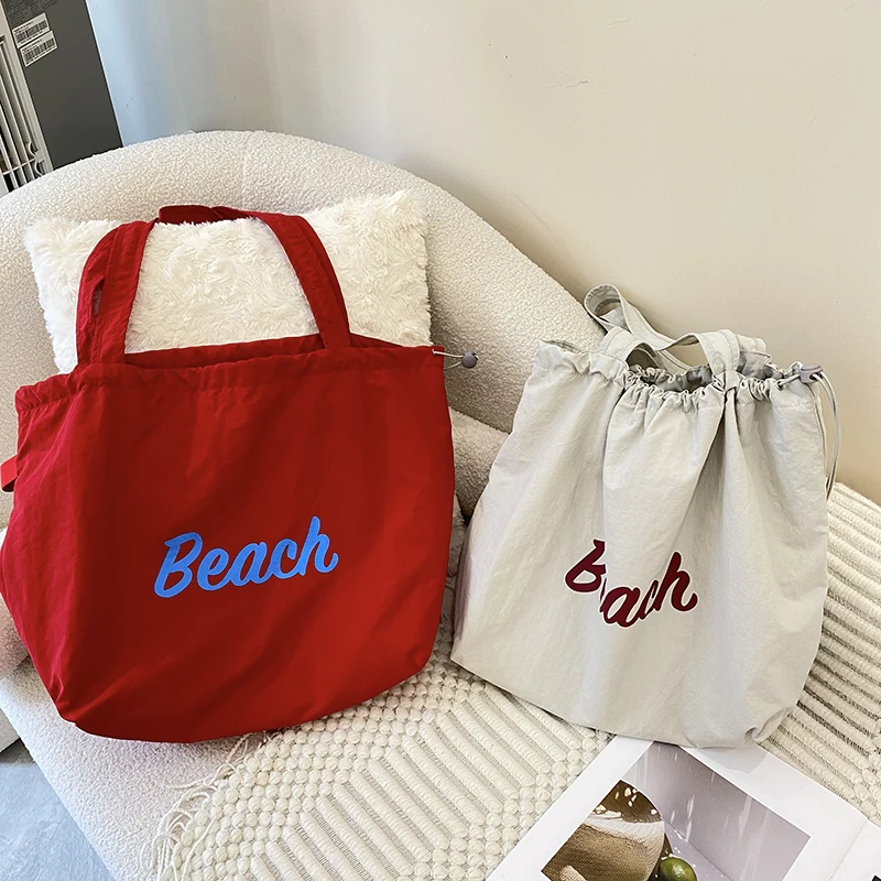 Drawstring Double Layer Shopping Bags Women Canvas Shoulder Bag Crumpled Cloth Purse Cute Beach Handbag Female Large Books Tote