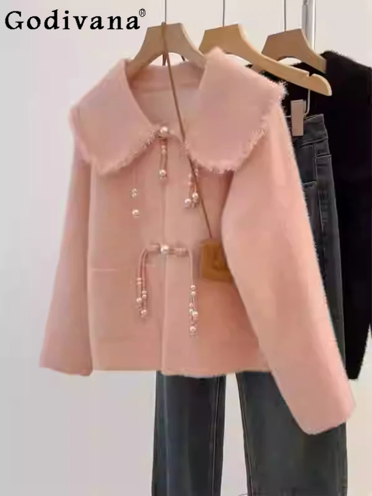 

Large Size Sweet Peter Pan Collar Women Autumn Winter Pearl Buckled Woolen Coat Fashion Versatile Loose Long-sleeved Korean Top
