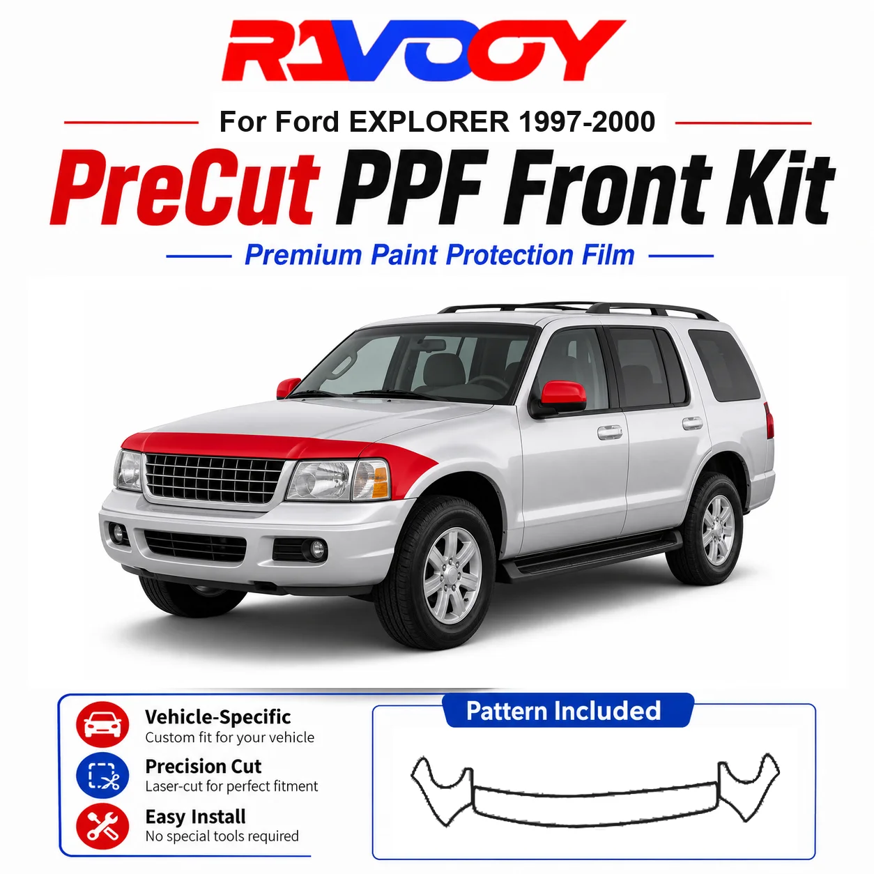

8.5mil TPU Precut PPF Kit For Ford EXPLORER 1997-2000 - Hood, Fenders & Mirror Set - Self-Healing Clear Bra Film