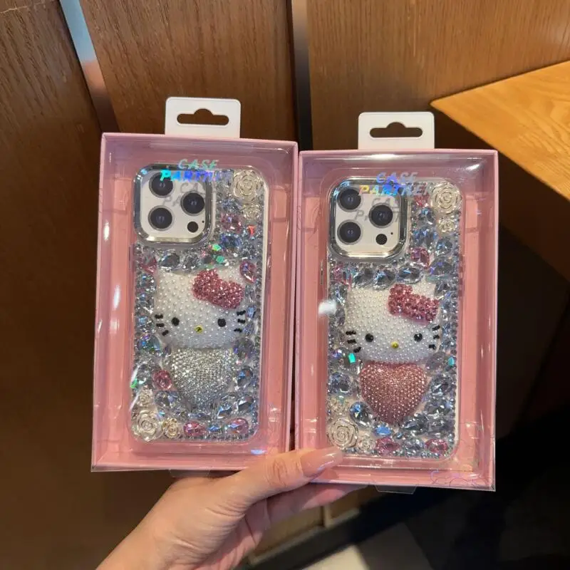 لطيف Kt حجر الراين قضية الهاتف المحمول Kawaii مرحبا كيتي 16 برو ماكس 15 14 سانريو أبل جراب هاتف الراقي صديقة مهرجان هدية