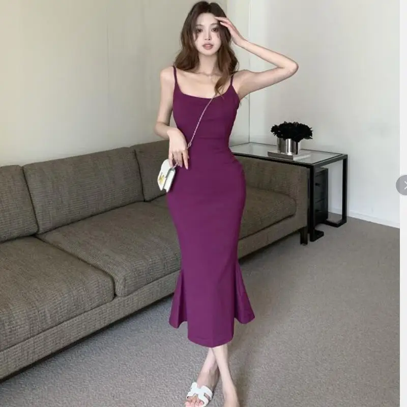 فستان صيفي رومانسي أرجواني فاتح مثير بحمالات مع فستان ذيل السمكة بدون ظهر فساتين سهرة طويلة عتيقة