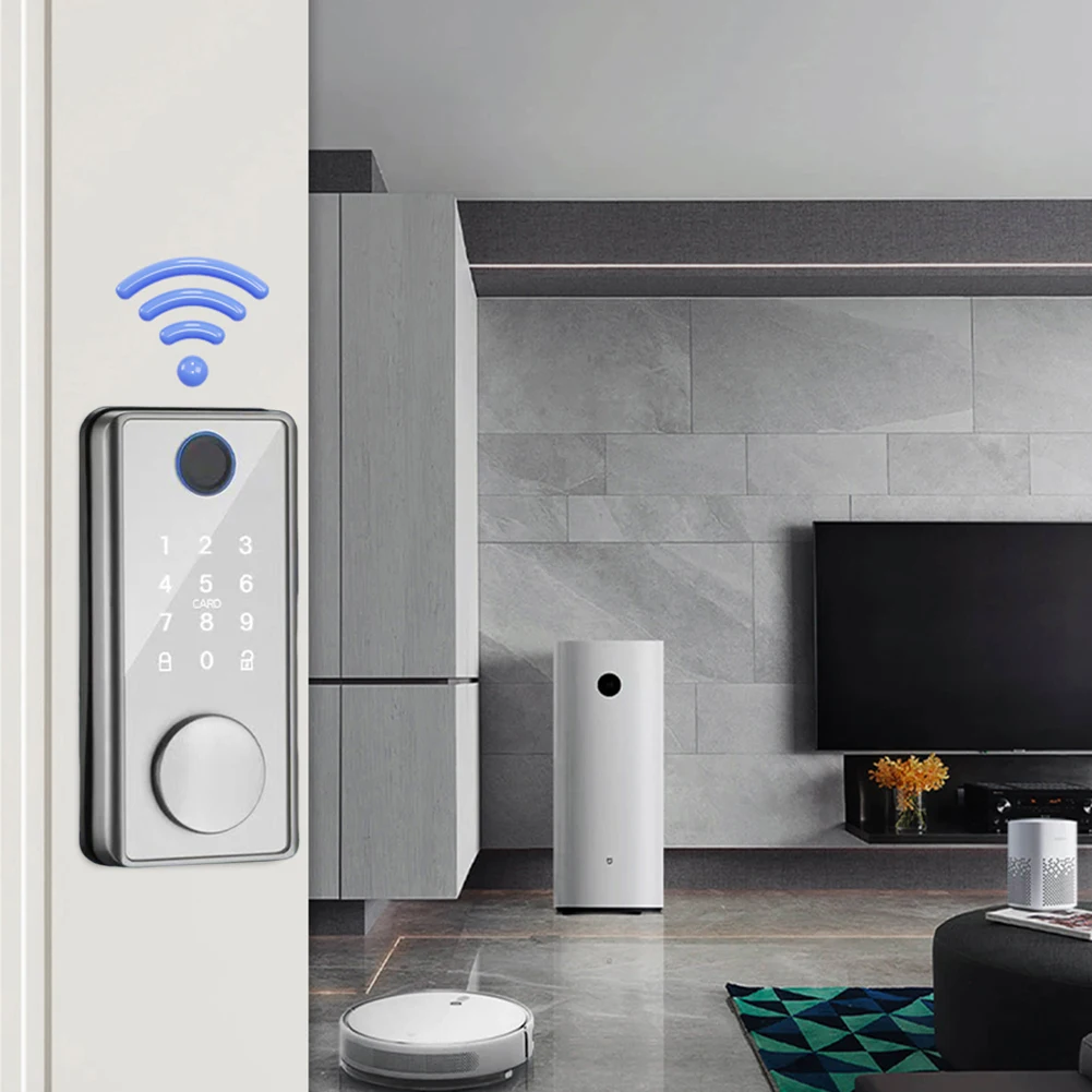 Smart Deadbolt kunci Digital Tuya Wifi, tombol MASUK TANPA kunci aplikasi sidik jari untuk pintu depan Alexa kunci Keypad
