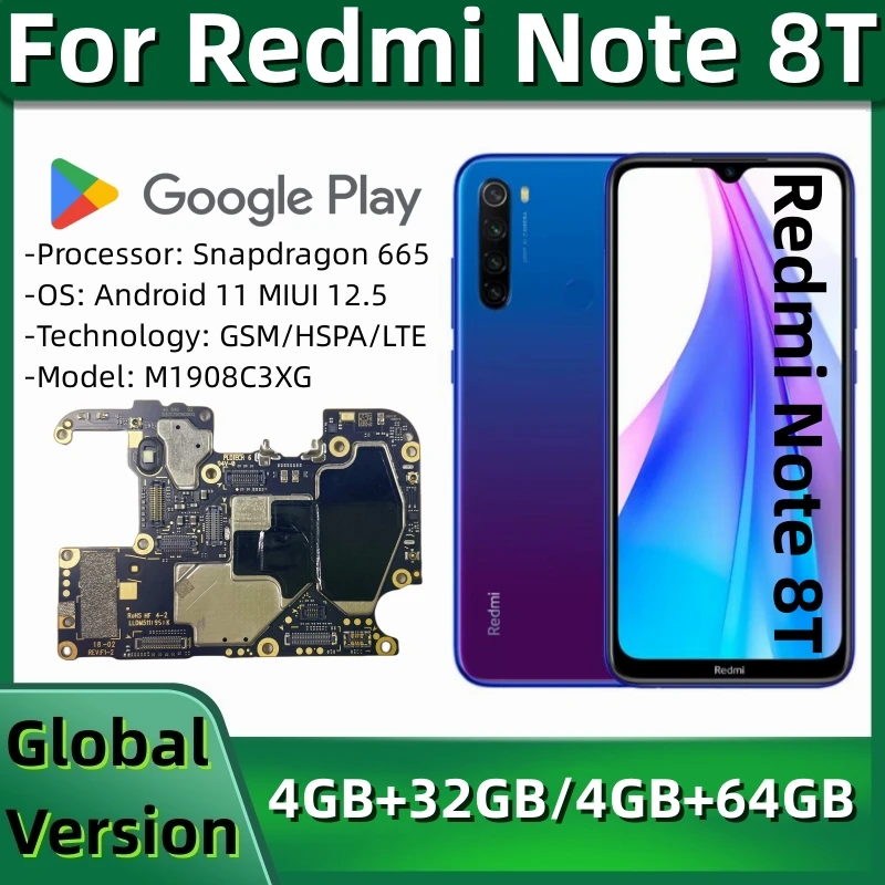 Motherboard PCB Module for Redmi Note 8T, M1908C3XG, Mainboard, Unlocked Logic Board with Google Spaystore Installed, 32GB, 64GB