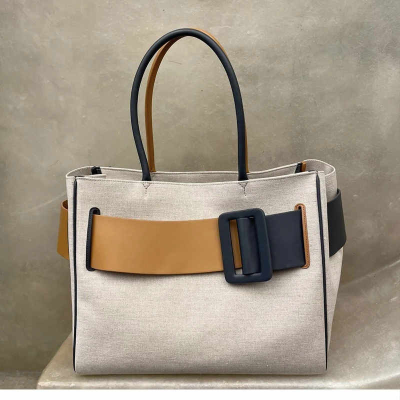 

Custom Initials Cowhide With Canvas Tote Bags For Women Luxury Designer Handbags Purses 2025 New In Leather Belt Buckle Shoulder