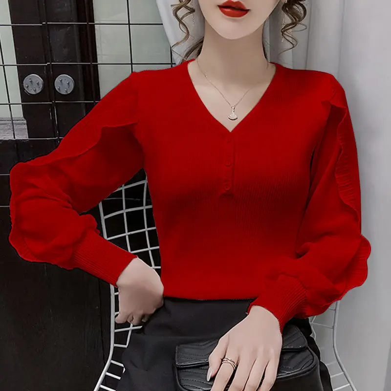 Vintage V-Neck Jumpers Elegant Solid Color Spliced Fashion Chiffon Ruffles Autumn Winter New Korean Slim Button Knitted Sweaters