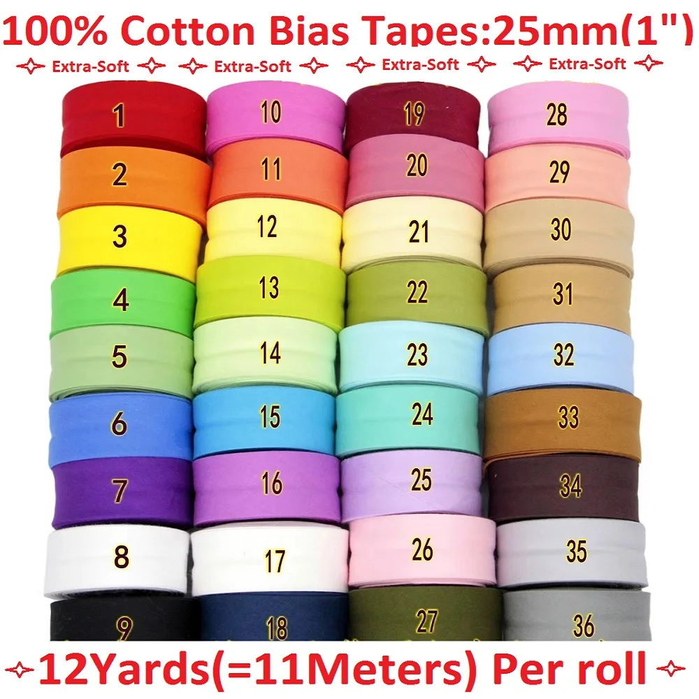 25MM 100% Cotton Bias Binding Tape Extra Soft for Baby Clothes Soft and Skin-friendly Bias Binding Tape, 12yards/lot