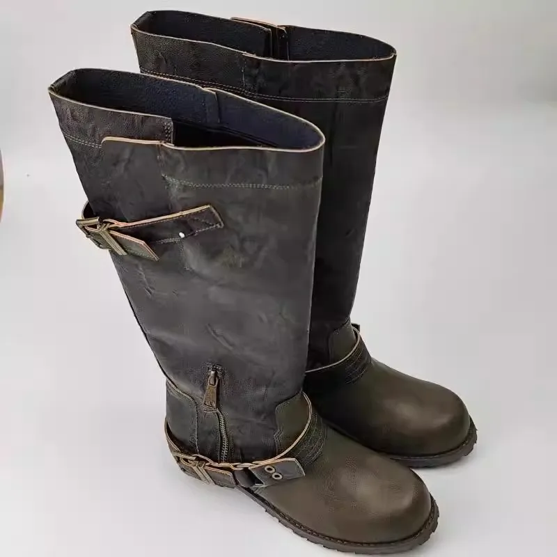 Vintage Green Leather Flats Knee High Boots Women's Buckled Round Toe Cool Knight Boots Botas Mujer Designer Causal Dress Shoes