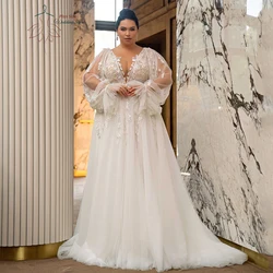 Sexy Brautkleider plus Größe tiefen V-Ausschnitt lange Puff ärmel Brautkleider Applikationen boden lange Tüll a-Linie vestido de noiva
