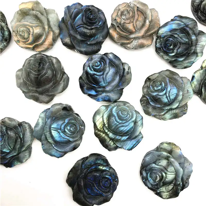 40mm Natural Labradorite Moonstone Rose Quartz Crystal Flower Carved Reiki Healing Chakra Rock Stone Sculpture Home Decor Gift