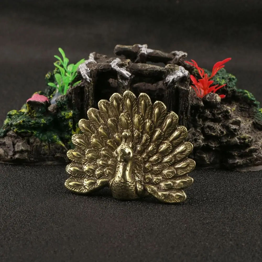 Vintage Brass Peacock Figurines Copper Chinese Peacock in Full Bloom Statue Exquisite Handmade Mini Peacock Sculpture