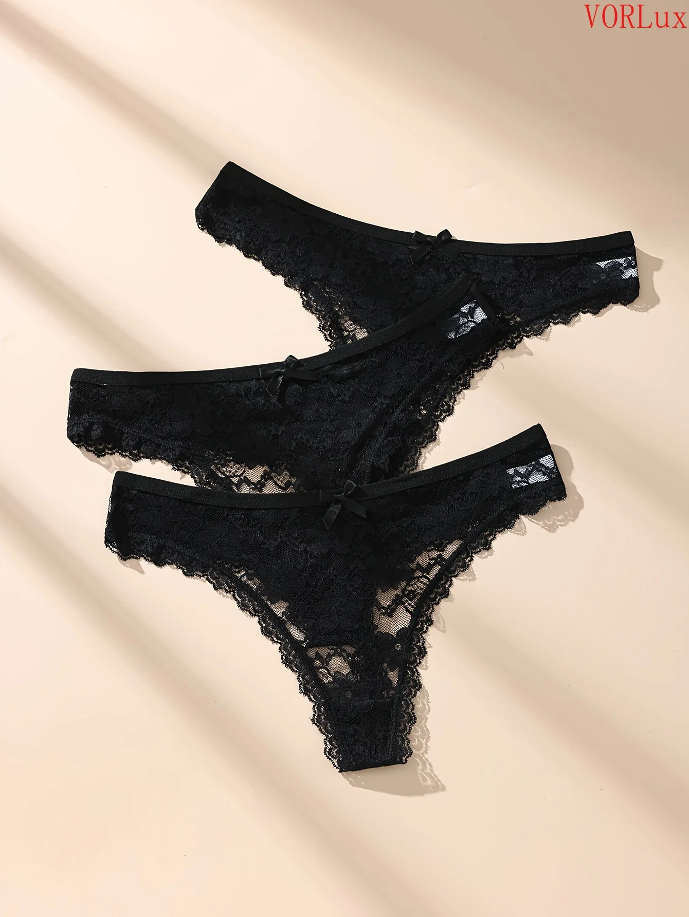 3Pcs Women Bow Decor Lace Thong Sexy Soft Breathable Elastic Panties Ladies Underwear
