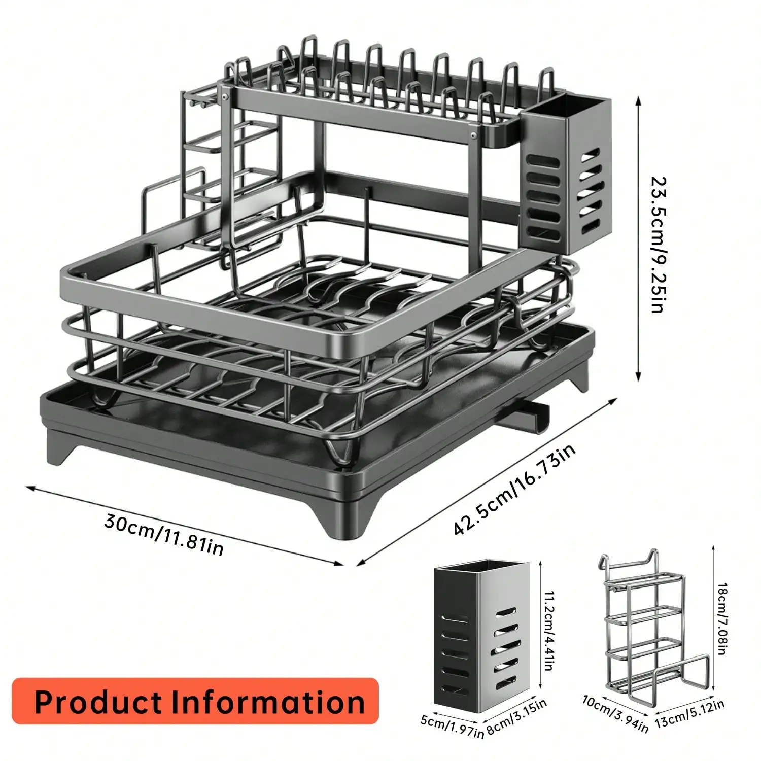 Компактная сушилка для посуды (2 уровня): нержавеющая сталь + дренажный поддон, кухонный органайзер