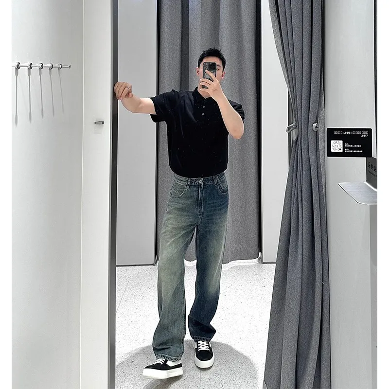 

Ретро-джинсы американского стиля для мужчин, летние, слегка расклешенные, прямые, с высокой талией, молодежные, модные, прямые брюки, утягивающие фигуру