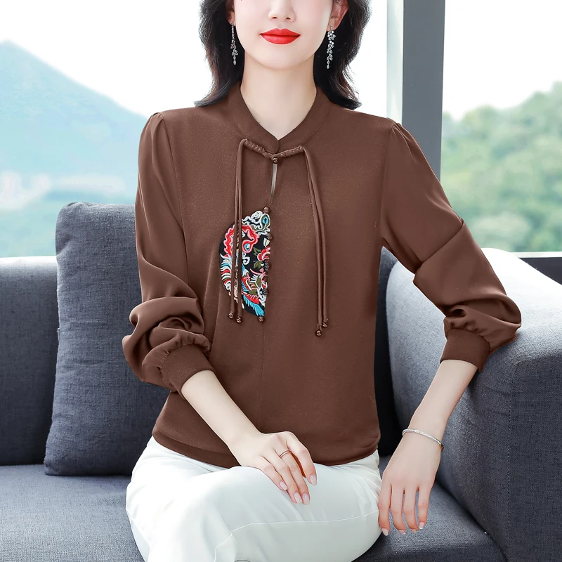 Women Chinese Style Vintage Embroidery Hollow Blouse Elegant Stand Collar Chiffon Patchwork Shirt Long Sleeve Loose Tops Blusas