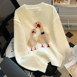 Harajuku Y2k Cartoon Goose Print Knitted Pullover Women Autumn Winter Sweet O Neck Long Sleeves Sweater Coat Loose Knitwear Tops