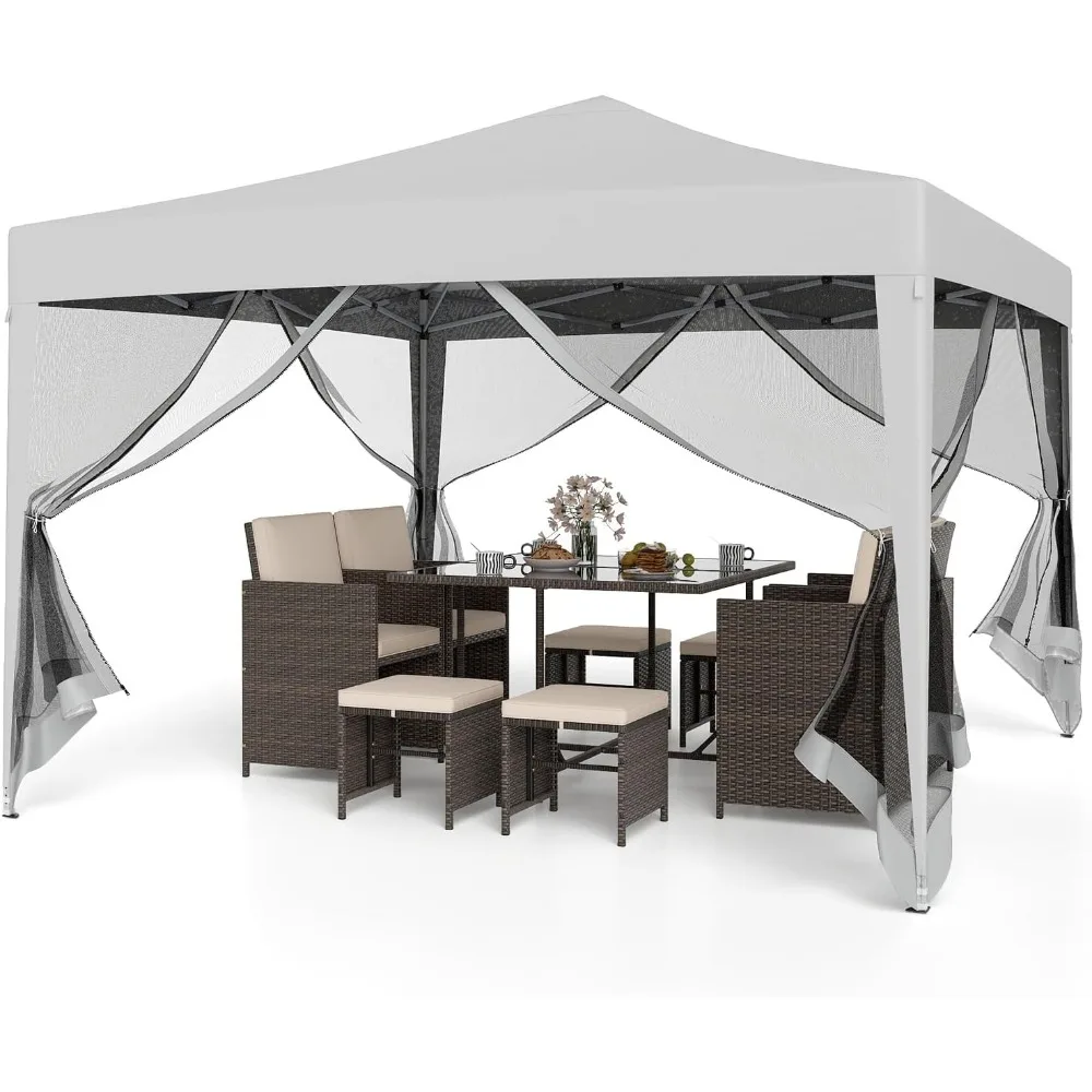 

Выдвижная палатка с навесом 10 футов x 10 футов, простое в установке мгновенное складное укрытие с сетчатой сеткой, сумкой для переноски, 8 кольев и 4 веревками, высота