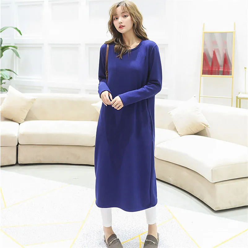 

Women Autumn Long Sleeve Loose Slim Dress Female Winter O-Neck Thick Warm Long Dress with Pocket Elastic Vintage Dress Vestidos