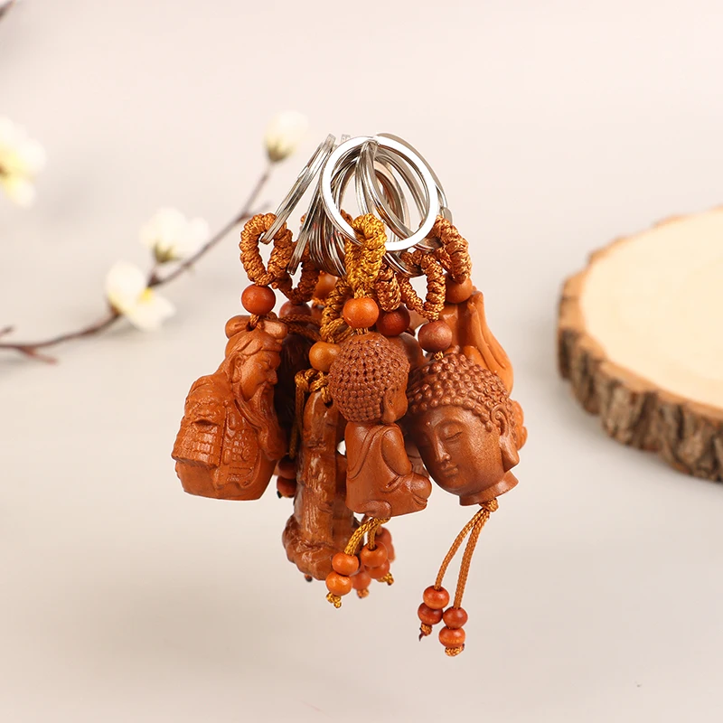 Peach Wood Keychain Guanyin Buddha Gourd Teapot Pixiu Dragon Three-dimensional Keychain