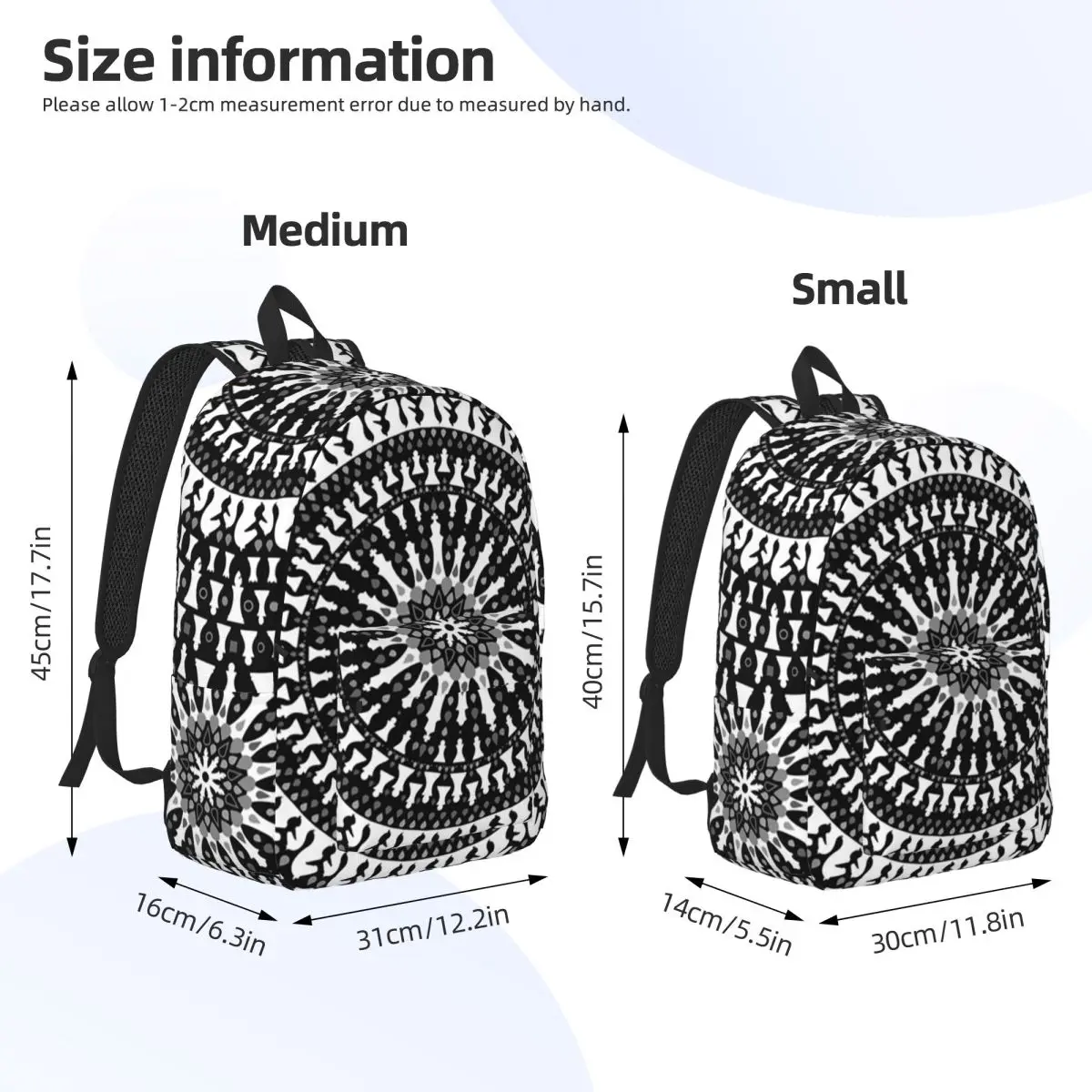 Chess Pieces Mandala Grayscale Chessboard Backpack Daypack Large Capacity Kids BookBag School Bag Shoulder Bags for Boys Girls