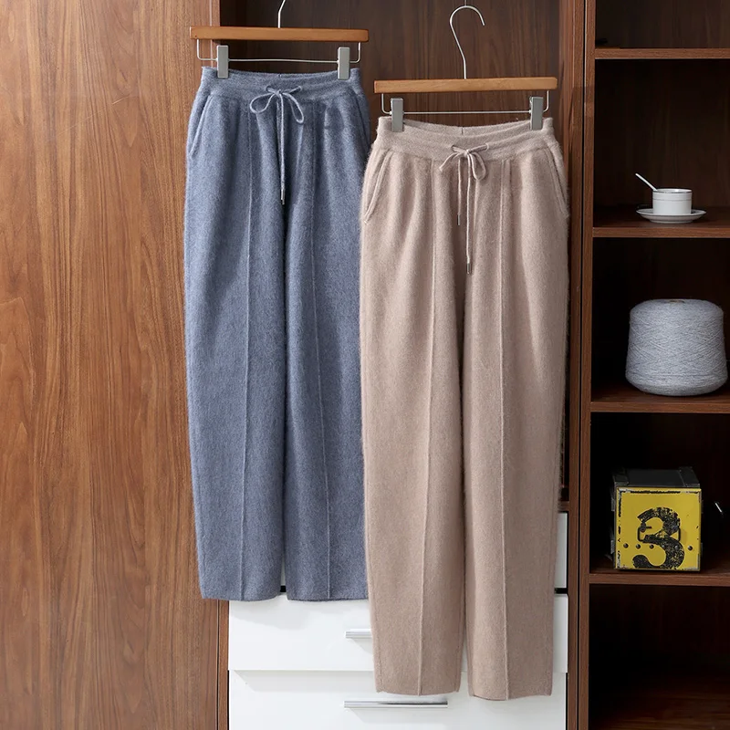 

Autumn and winter casual sweatpants 100% mink cashmere straight-leg pants men's sporty slimming knitted Middle seam pencil pants