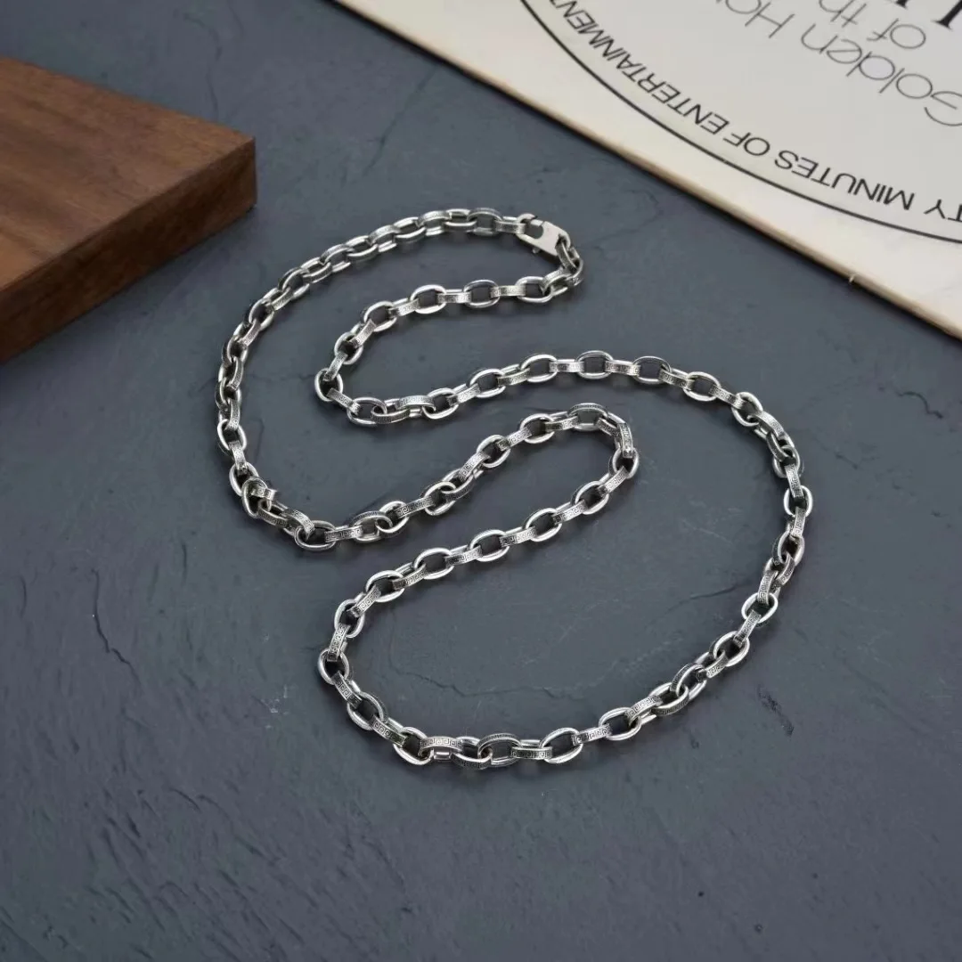 

Ethnic style retro necklace, pure silver, men's and women's striped single chain sweater chain, long and versatile, personalized