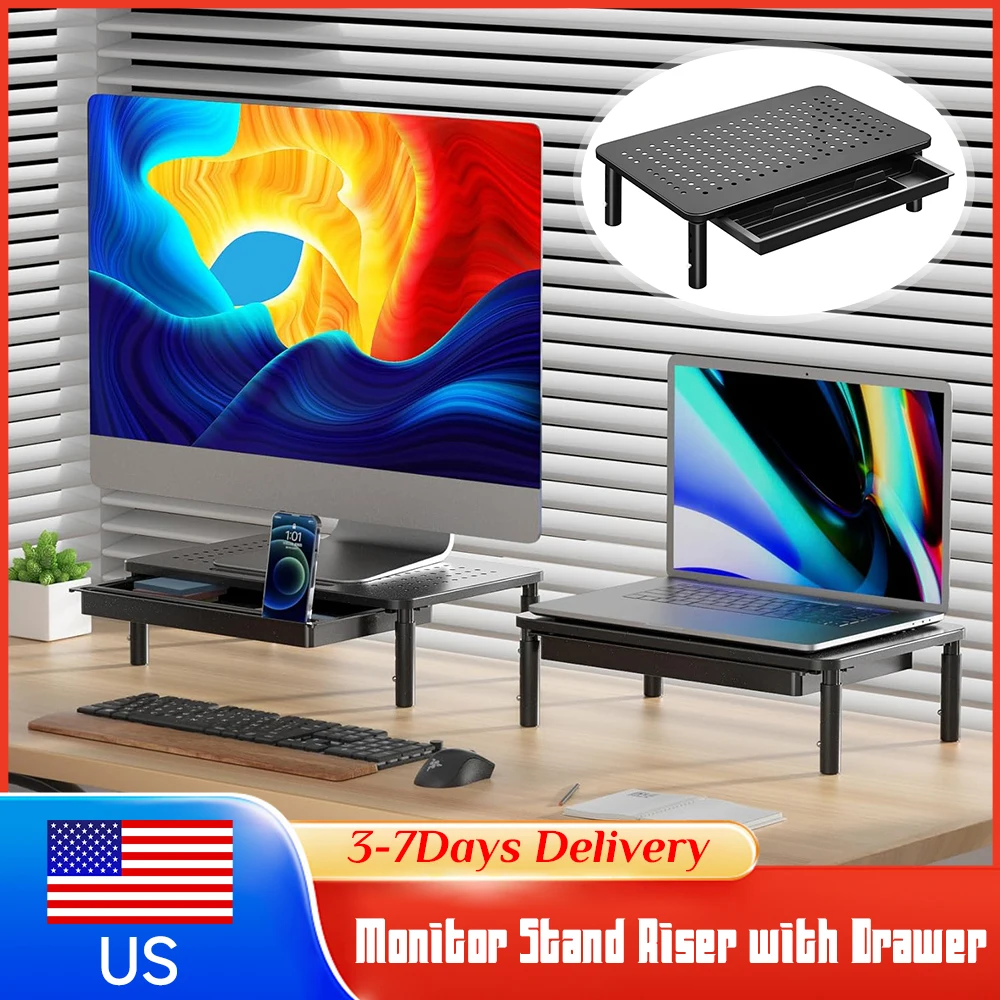 

Monitor Stand Riser with Drawer&Airflow Vents 3 Height Adjustable Desk Organizer for Laptop PC Printer Office Home School Supply