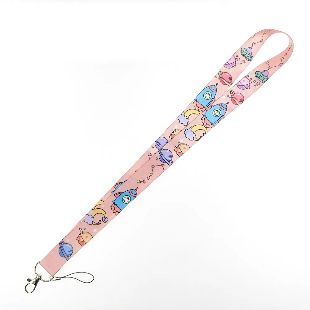 10Pcs Pink Space Rocket Planet Print Polyester Lanyards Neck Strap for ID Badge Key Phone