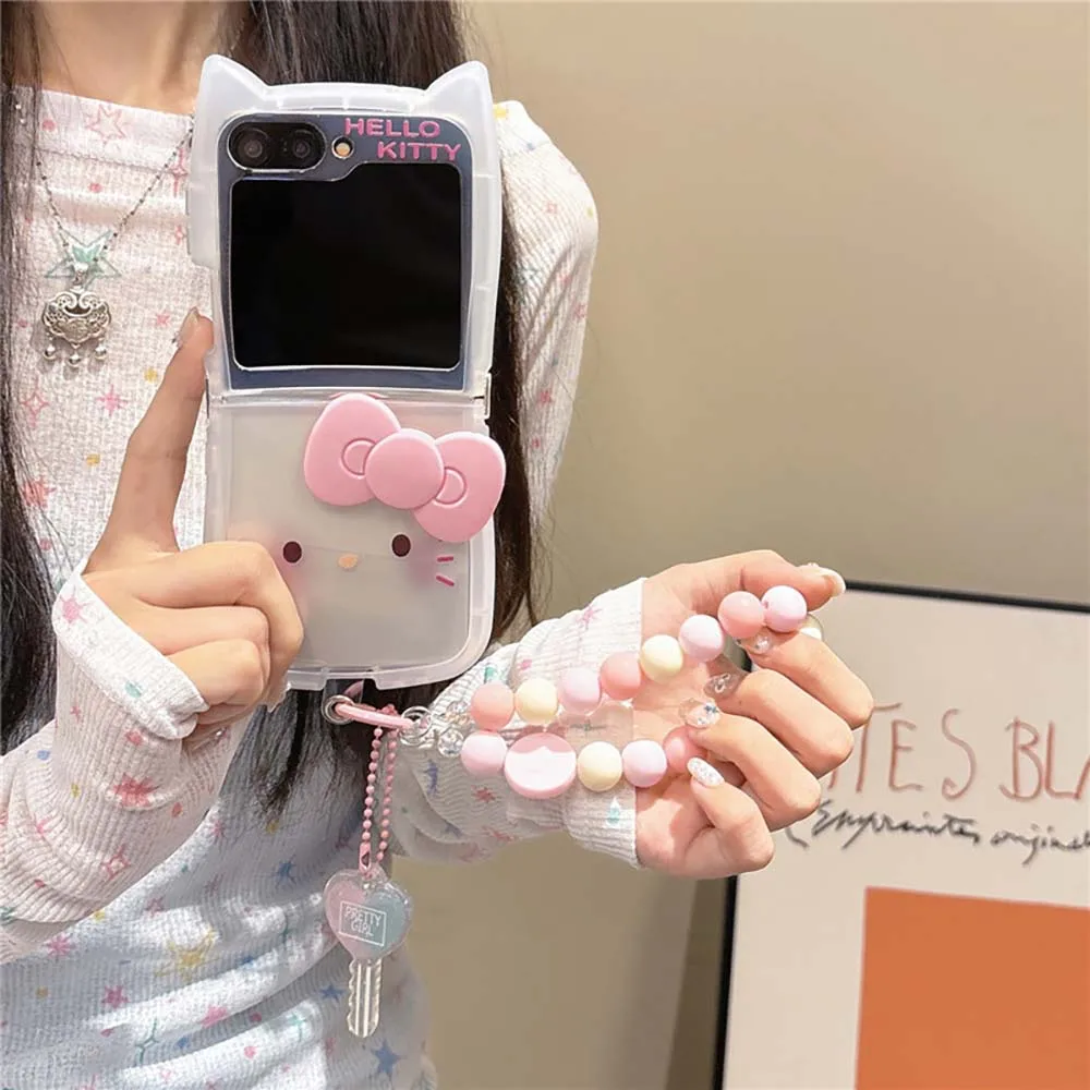 Cute Bow Hello Kitty 3D Cat Ear with Lanyard Phone Case for Samsung Galaxy Z Flip 3 4 Z Flip 5 6 5G PC Hard Anti-drop Back Cover