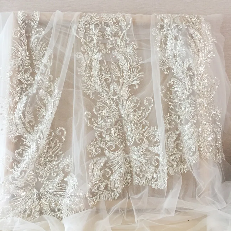 Embroidered Lace Fabric for Wedding Dress, 3D Beaded Embroidery, Large Flower Applique, Patch Accessories