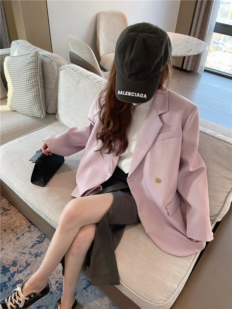 

Весенний модный пиджак цвета чайной розы для женщин, свободный крой, британский стиль, с длинными рукавами, уличная одежда, однотонное пальто для девушек