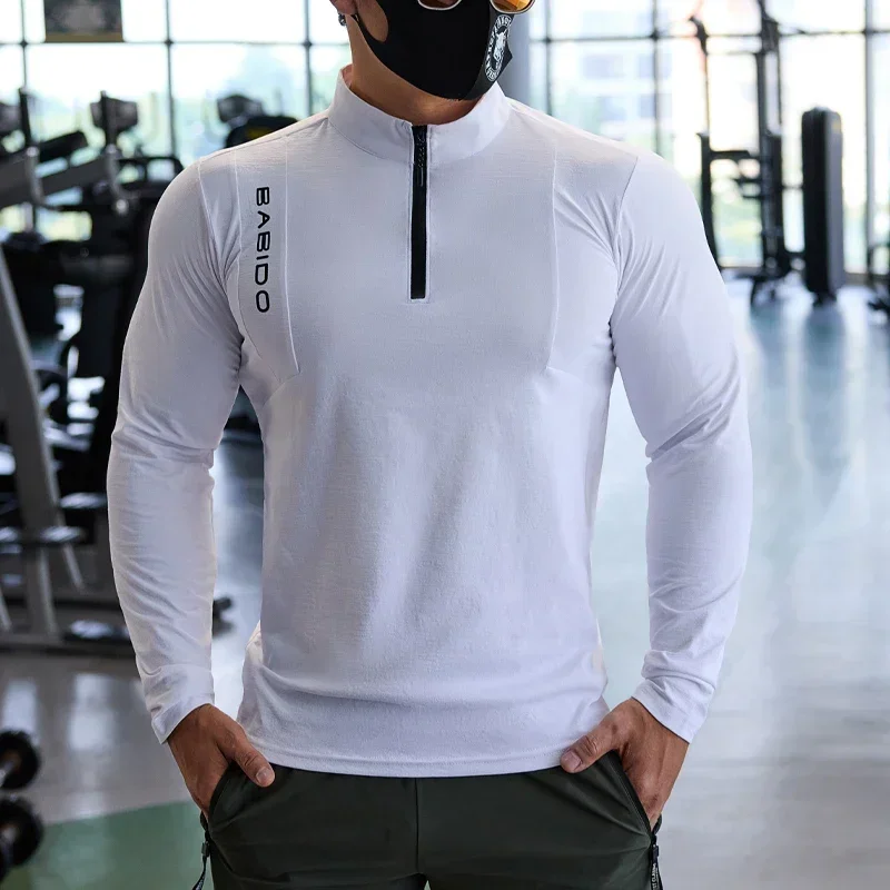 

Sports Fitness Long-Sleeved Men Fall Stretchy Quick-Dry Running Gym Training Clothes Slim Zipper Baseball Tennis Sports Tops