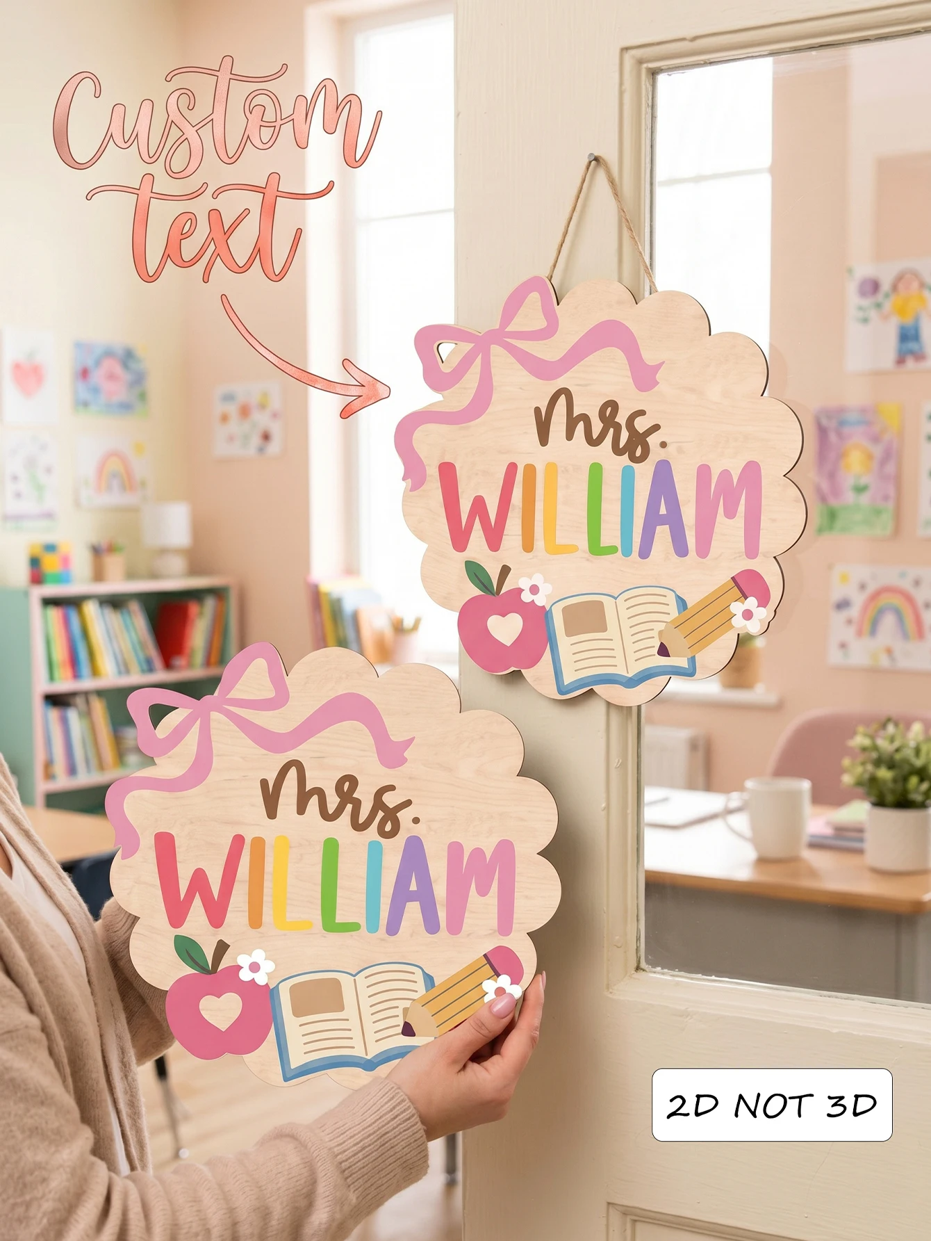 Personalized Custom Teacher Wooden Door Hanger,Scalloped Cloud Shape Wood Sign,Pink Bow Apple Book Pencil Design