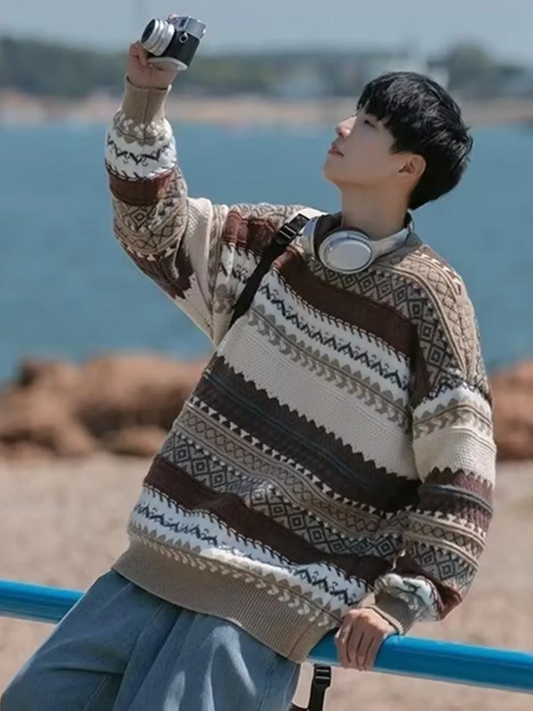 

Oversize Striped Crew Ne Men's Sweater Vintage Color Blo Design Lazy Sle Knitted Top ex Trendy Long Sve round Ne