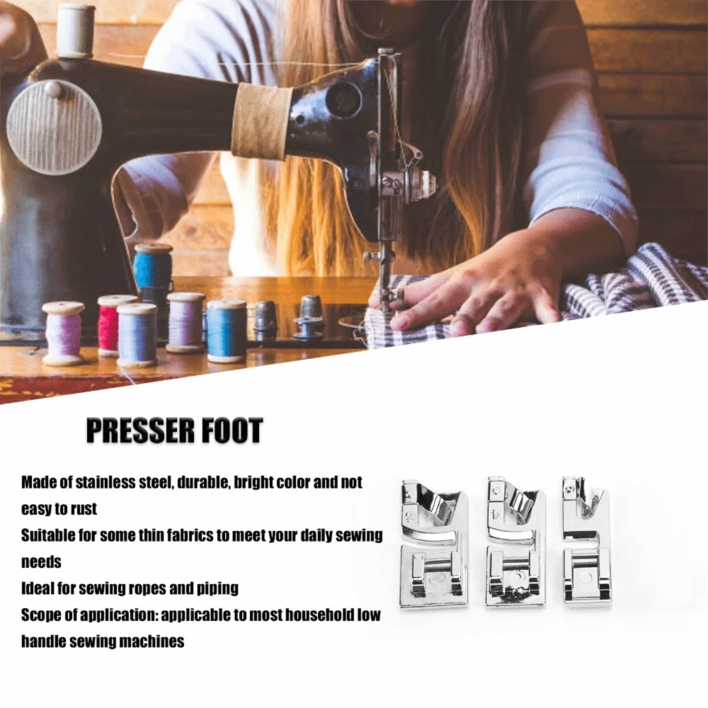 3Pcs Stainless Steel Rolled Hem Presser Foot Multi-Function Hemming Foot Set Sewing Machine Accessories Home Sewing Projects