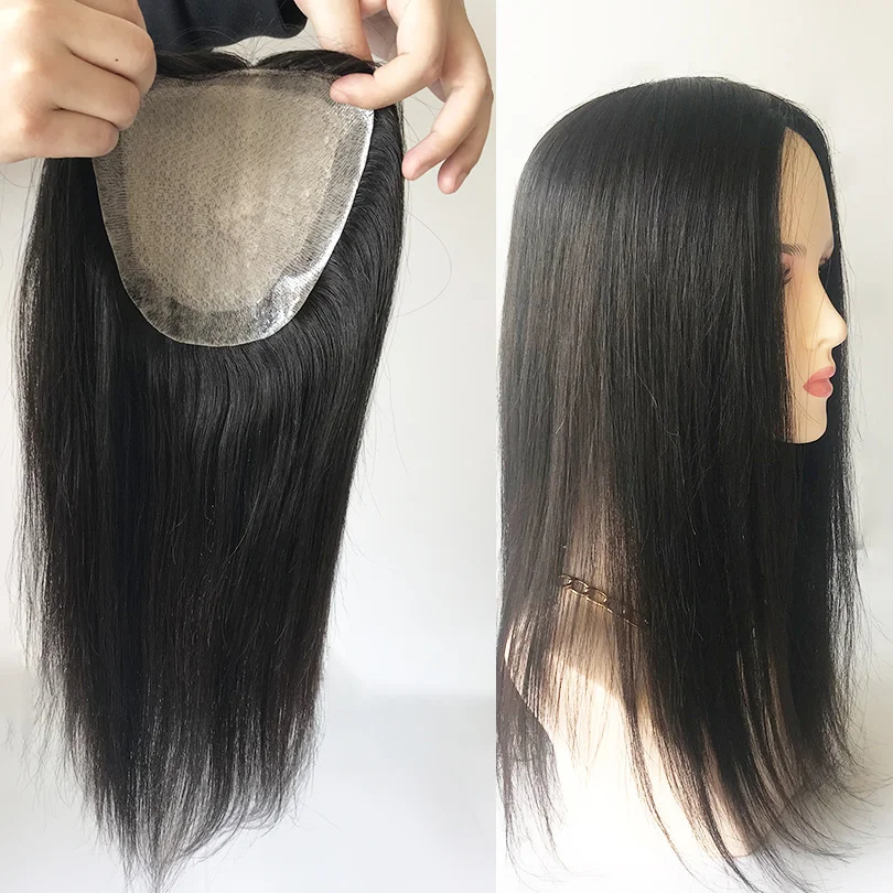 15x16cm Silk Skin Base Toupee With 2 CM PU Around  European Virgin Human Hair Toupee with Clips for Women 12x13CM