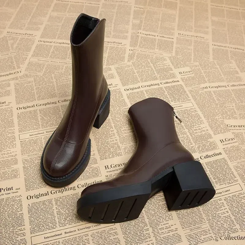 Elegant Heeled Ladies Mid Calf Shoes Spring 2025 High Heels Women\'s Half Boots Black On Offer Winter Novelty Trend Promotion New