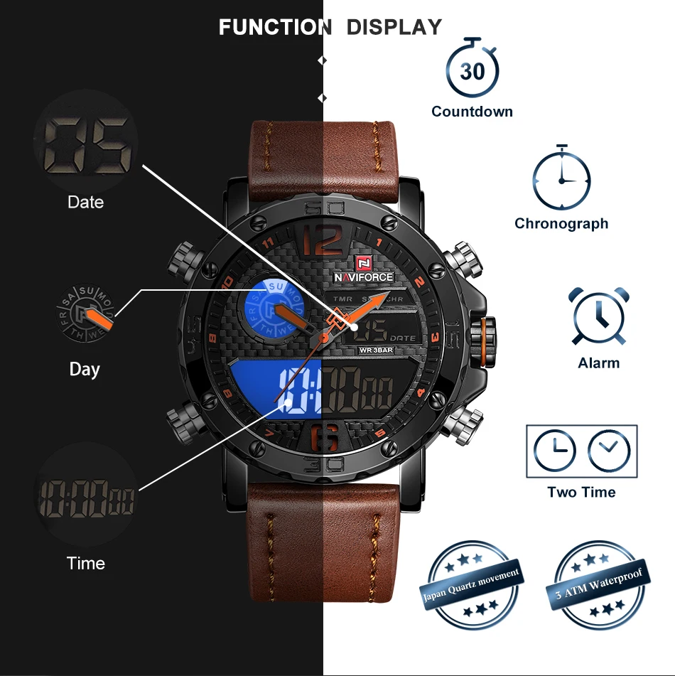 Mens Watches Luxury Brand NAVIFORCE Leather Sports Quartz LED Digital Clock Waterproof Military Wristwatches Relogio