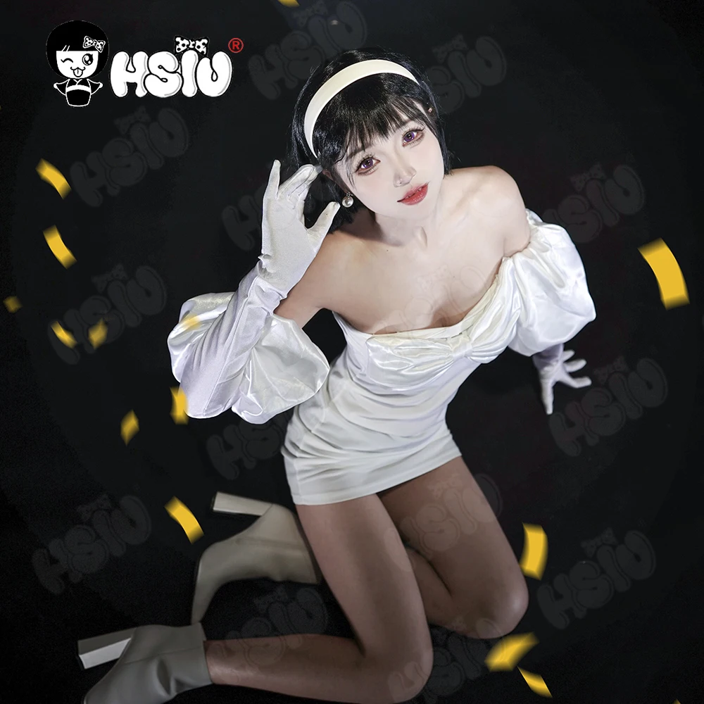 Traje de Cosplay Estético Anime com Peruca, Roupas Alienígenas Cosplay, Vestido branco, Cabelo preto curto completo, Roupas HSIU