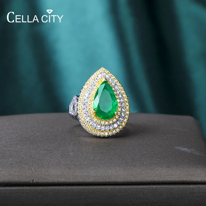 CellaCity Luxury Silver 925 Rings For Women Water Drop Shaped Emerald Gemstone Ring Female S925 Fine Jewelry Wedding Party Gift