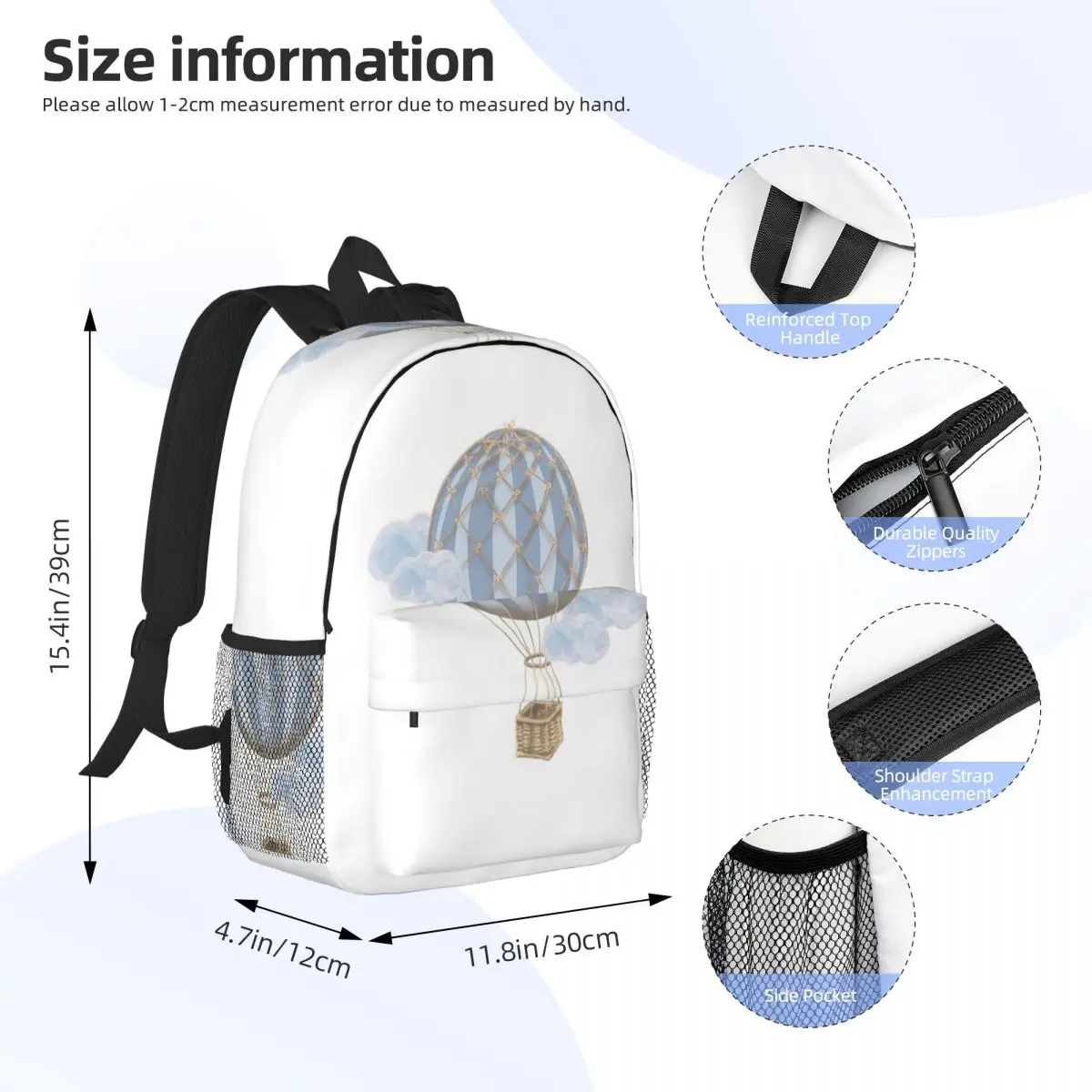 Blue Vintage Hot Air Balloon Backpack Student Boys Girls BookBag Men Women School Bag Laptop Shoulder Bags